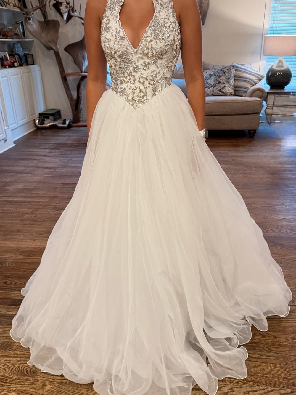 Sherri Hill White Ball Gown with Silver Beaded Halter Bodice